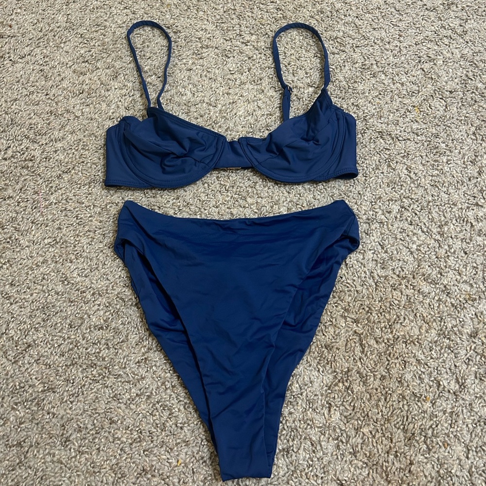 Riot Swim Deep Navy Underwire Bikini Set Beach Nylon Spandex Size X Small Tie